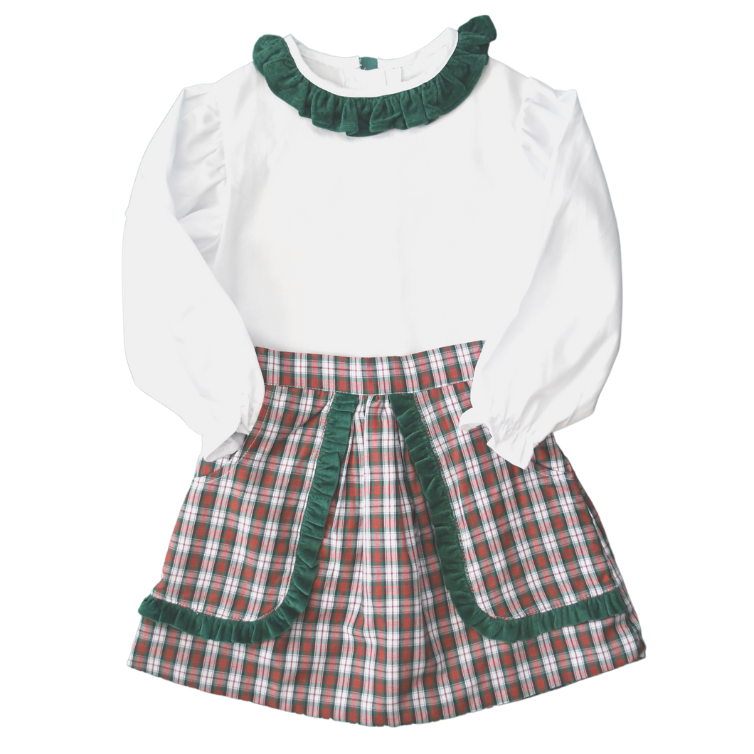 Sally Ruffle Pocket Skirt Set, Pineville Plaid and South End Spruce Velvet